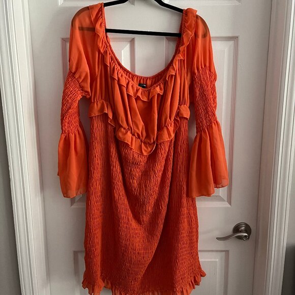 Plus Size Bright Orange Chiffon Shirred Bodycon Dress - Picture 2 of 6